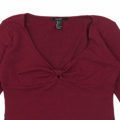 FOREVER 21 Womens Purple Cotton Basic T-Shirt Size L V-Neck - Knot Detail