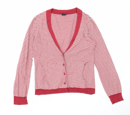 Gap Womens Red V-Neck Striped Cotton Cardigan Jumper Size S