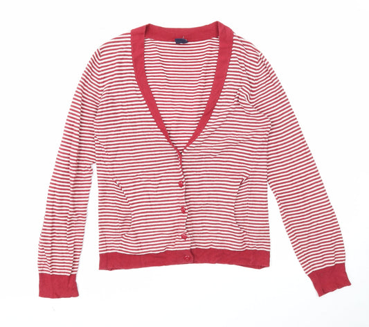 Gap Womens Red V-Neck Striped Cotton Cardigan Jumper Size S