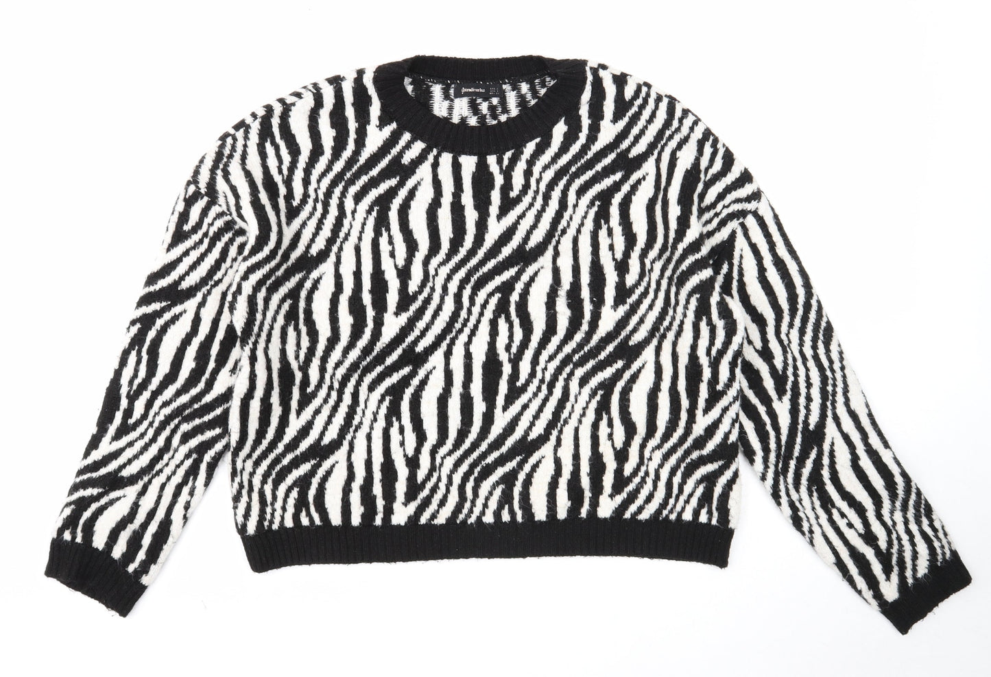 Stradviarius Womens Black Round Neck Animal Print Acrylic Pullover Jumper Size S - Zebra print