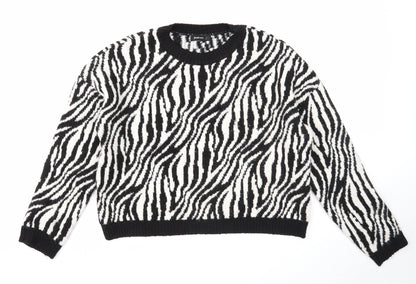 Stradviarius Womens Black Round Neck Animal Print Acrylic Pullover Jumper Size S - Zebra print