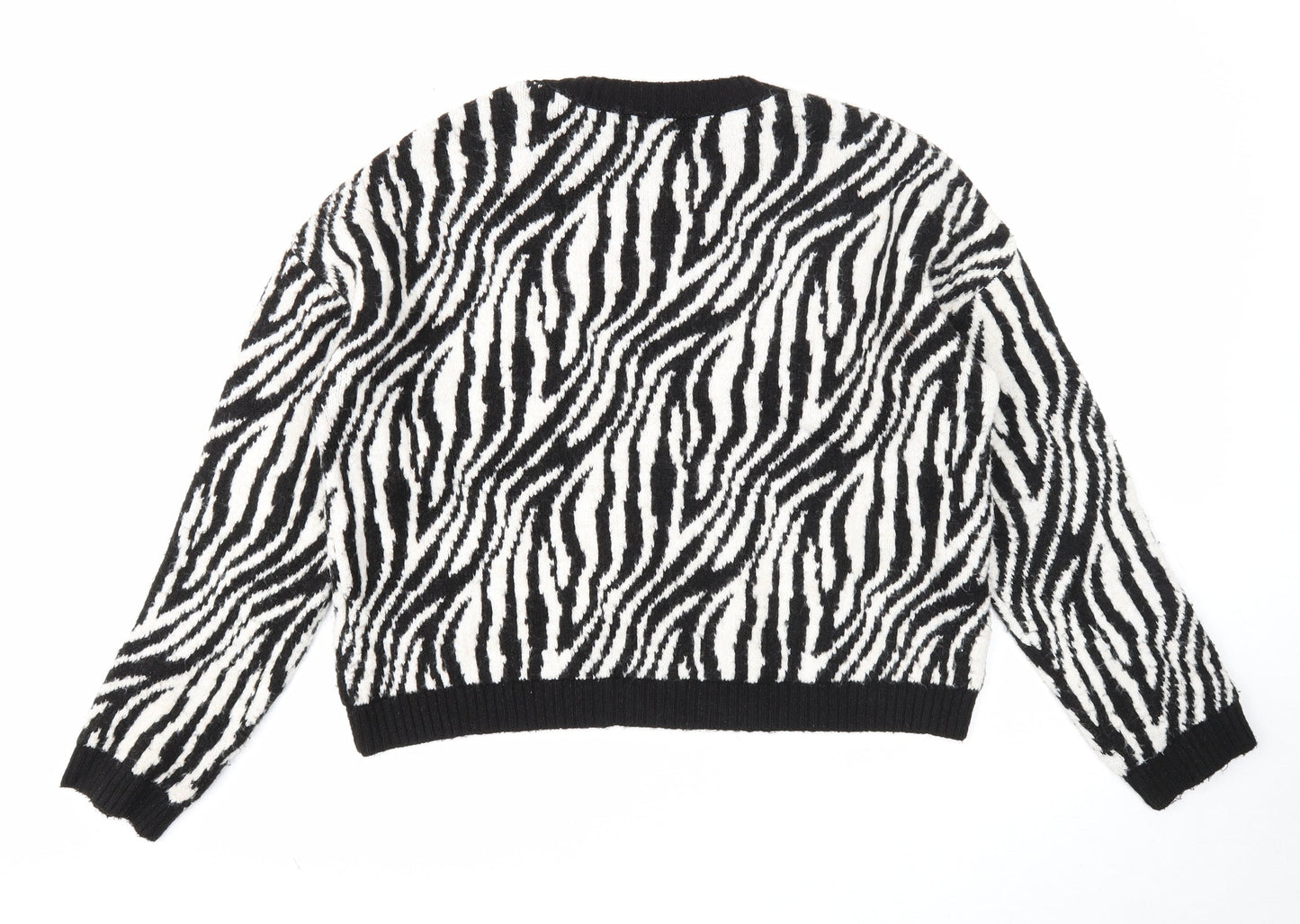 Stradviarius Womens Black Round Neck Animal Print Acrylic Pullover Jumper Size S - Zebra print