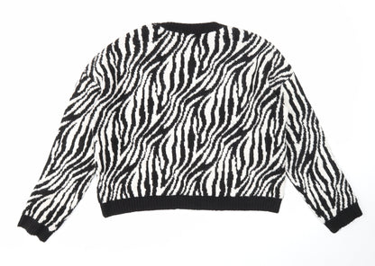 Stradviarius Womens Black Round Neck Animal Print Acrylic Pullover Jumper Size S - Zebra print