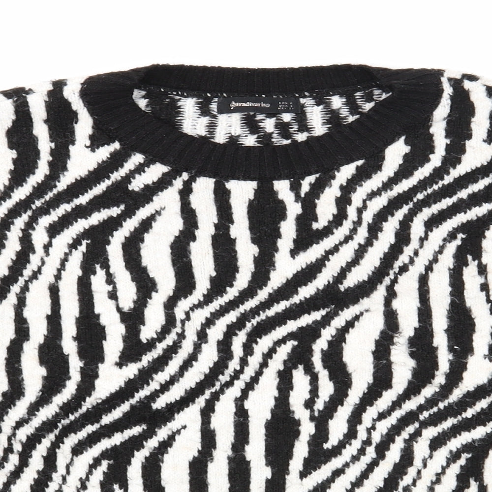 Stradviarius Womens Black Round Neck Animal Print Acrylic Pullover Jumper Size S - Zebra print