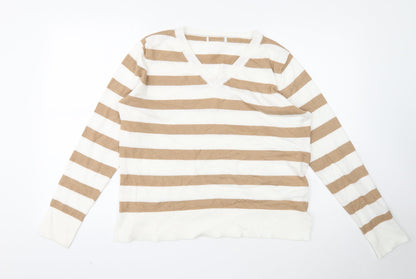 Primark Womens White V-Neck Striped Polyester Pullover Jumper Size 10