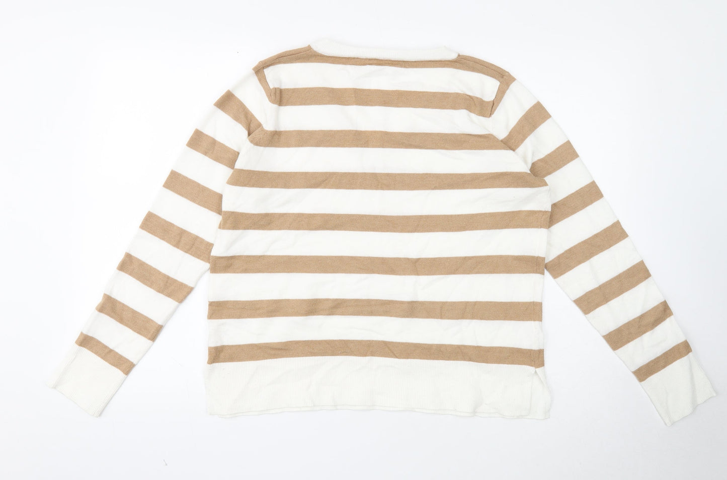 Primark Womens White V-Neck Striped Polyester Pullover Jumper Size 10