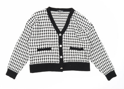 Primark Womens White V-Neck Geometric Acrylic Cardigan Jumper Size 14
