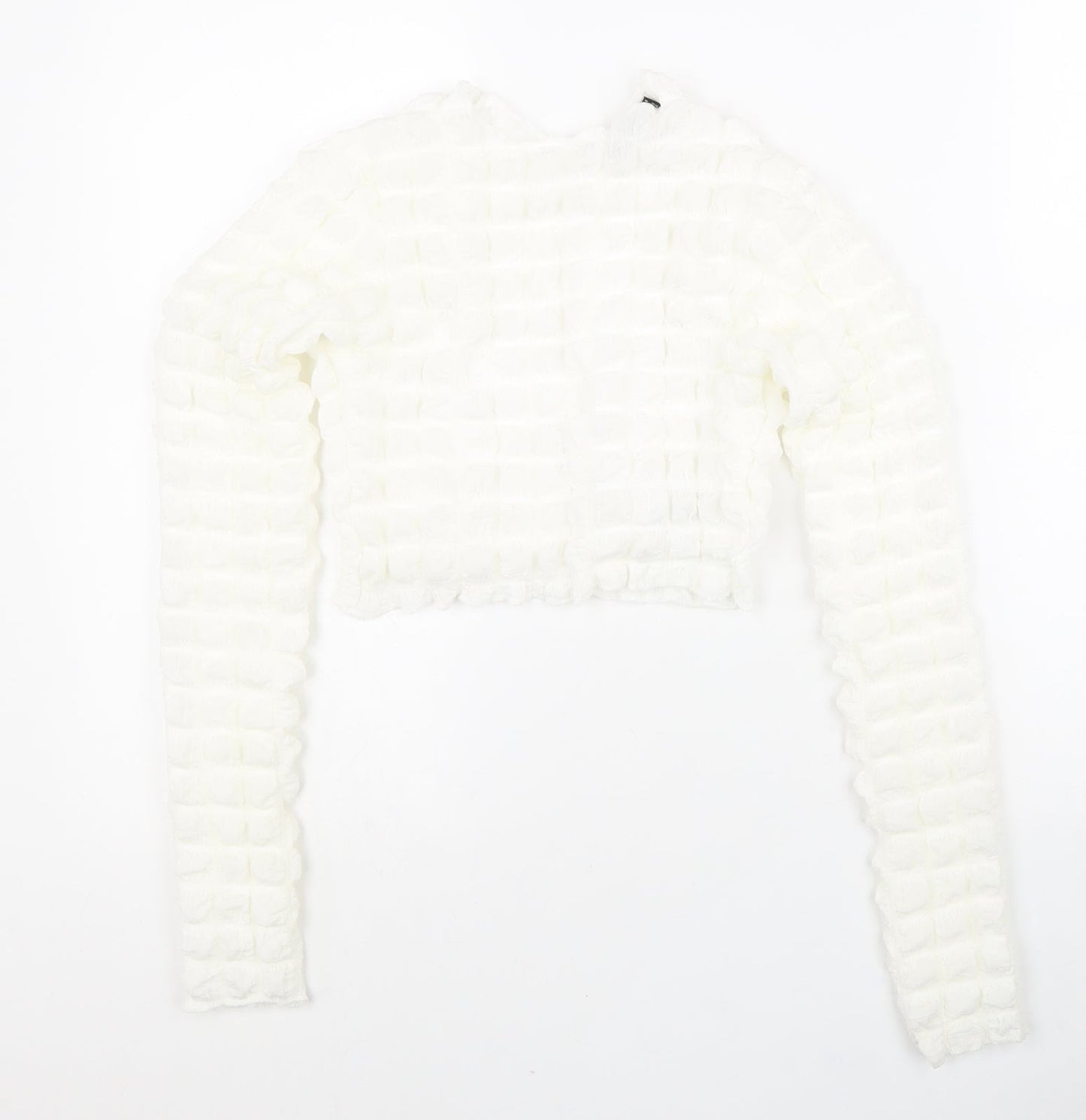 Boohoo Womens White Polyester Cropped Blouse Size 10 Round Neck - Textured