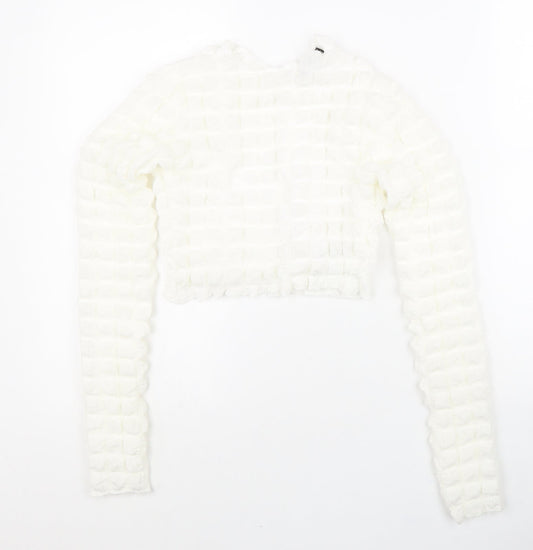 Boohoo Womens White Polyester Cropped Blouse Size 10 Round Neck - Textured