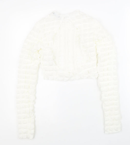 Boohoo Womens White Polyester Cropped Blouse Size 10 Round Neck - Textured