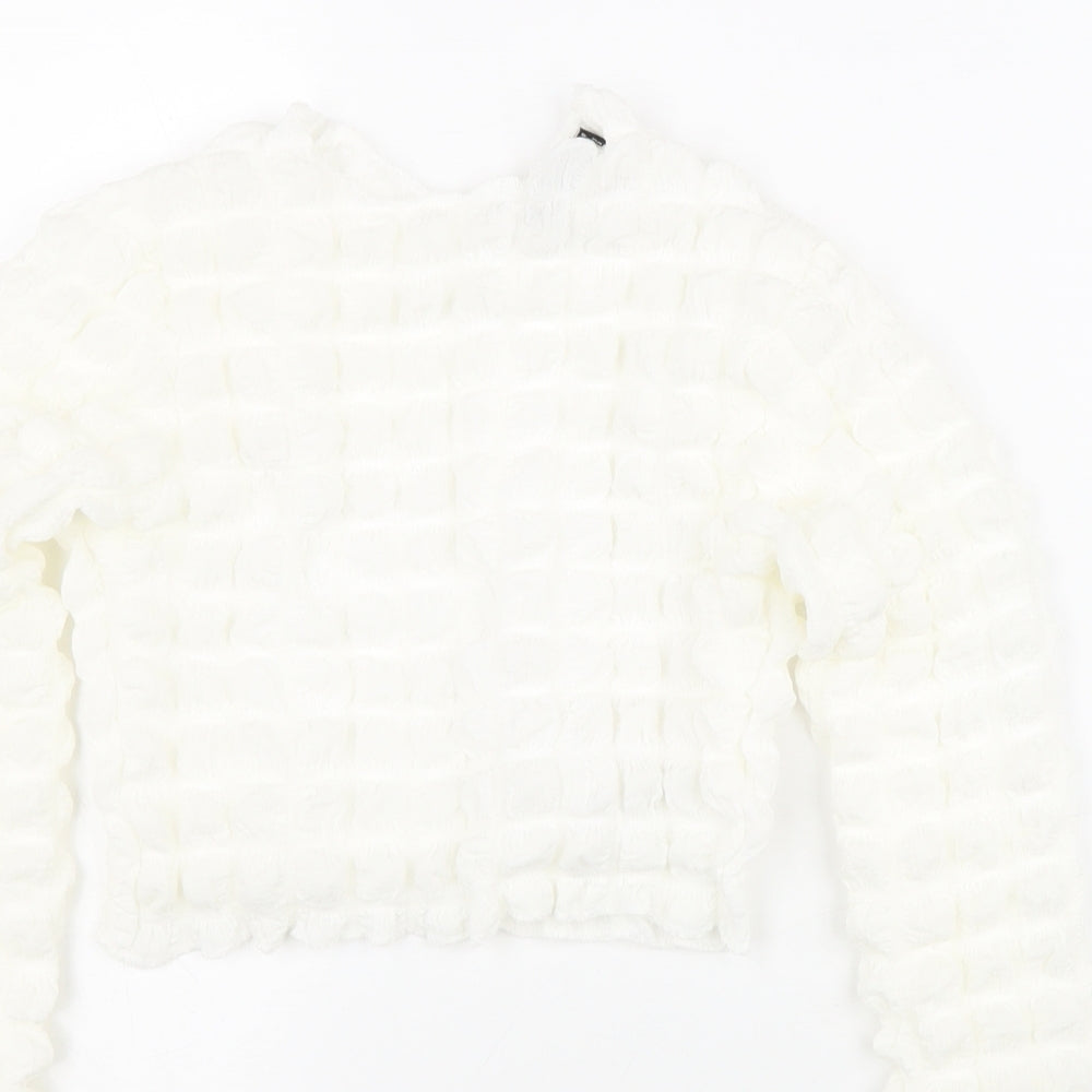 Boohoo Womens White Polyester Cropped Blouse Size 10 Round Neck - Textured