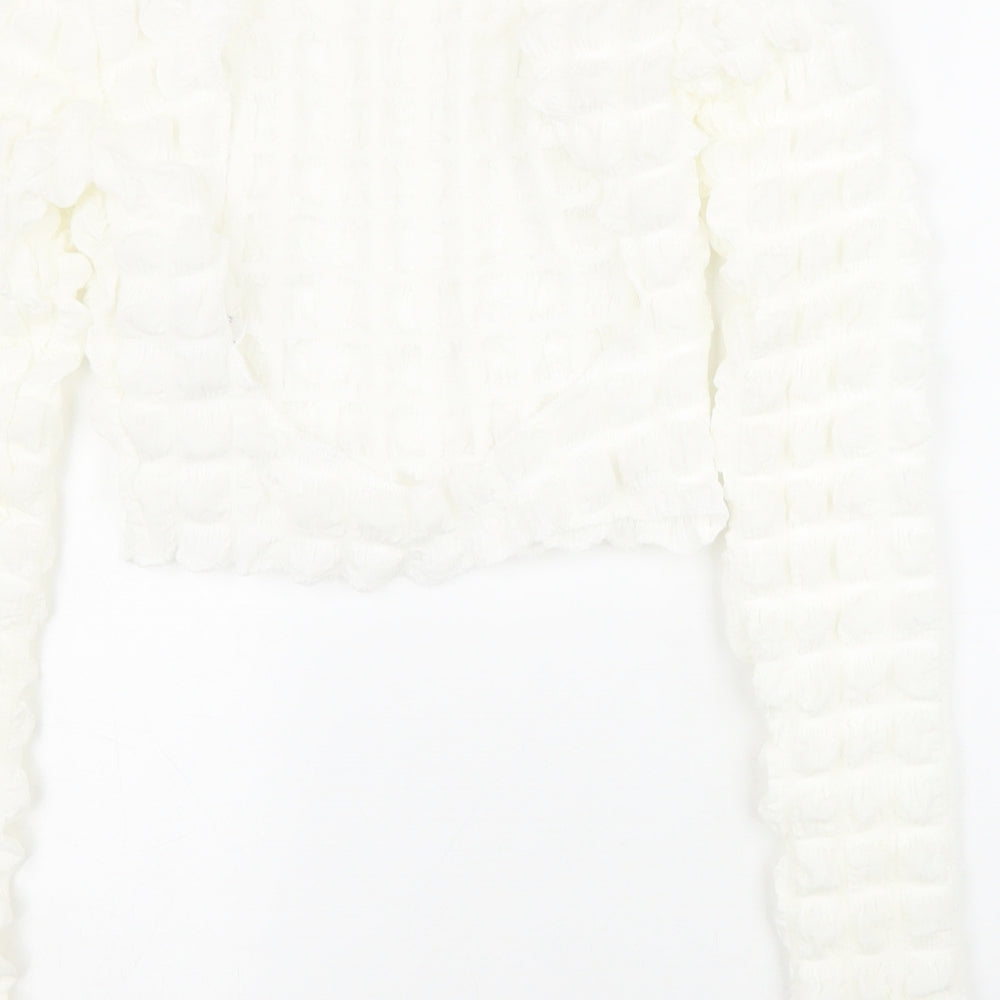 Boohoo Womens White Polyester Cropped Blouse Size 10 Round Neck - Textured