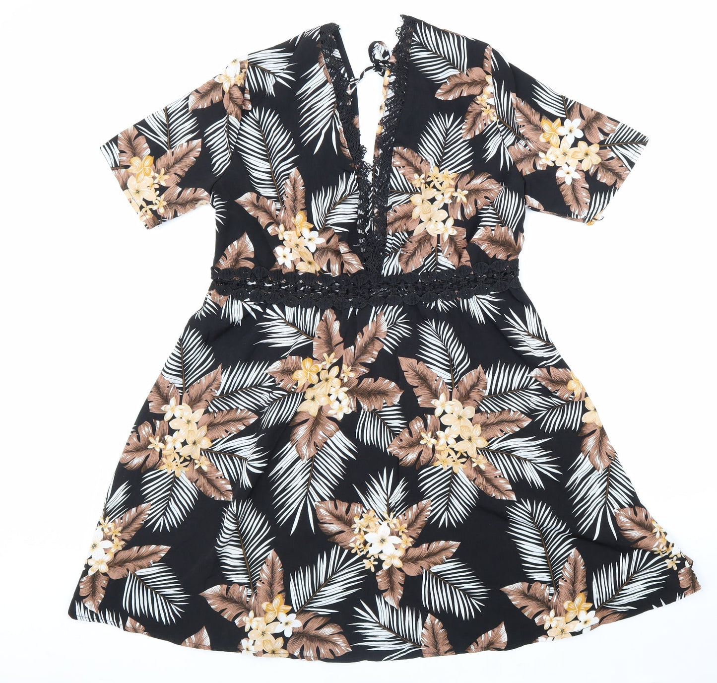 SheIn Womens Black Floral Polyester Fit & Flare Size 8 V-Neck Zip