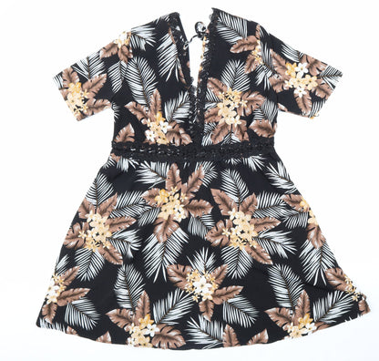 SheIn Womens Black Floral Polyester Fit & Flare Size 8 V-Neck Zip