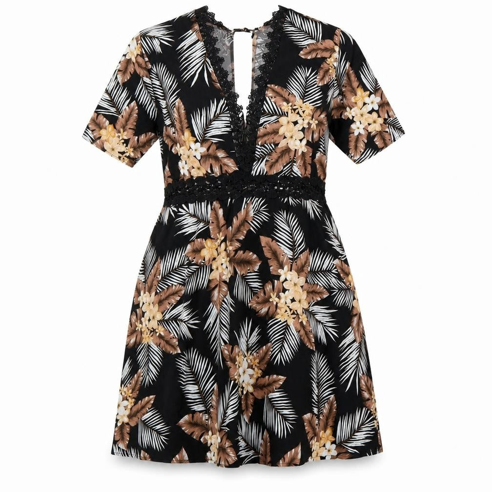 SheIn Womens Black Floral Polyester Fit & Flare Size 8 V-Neck Zip