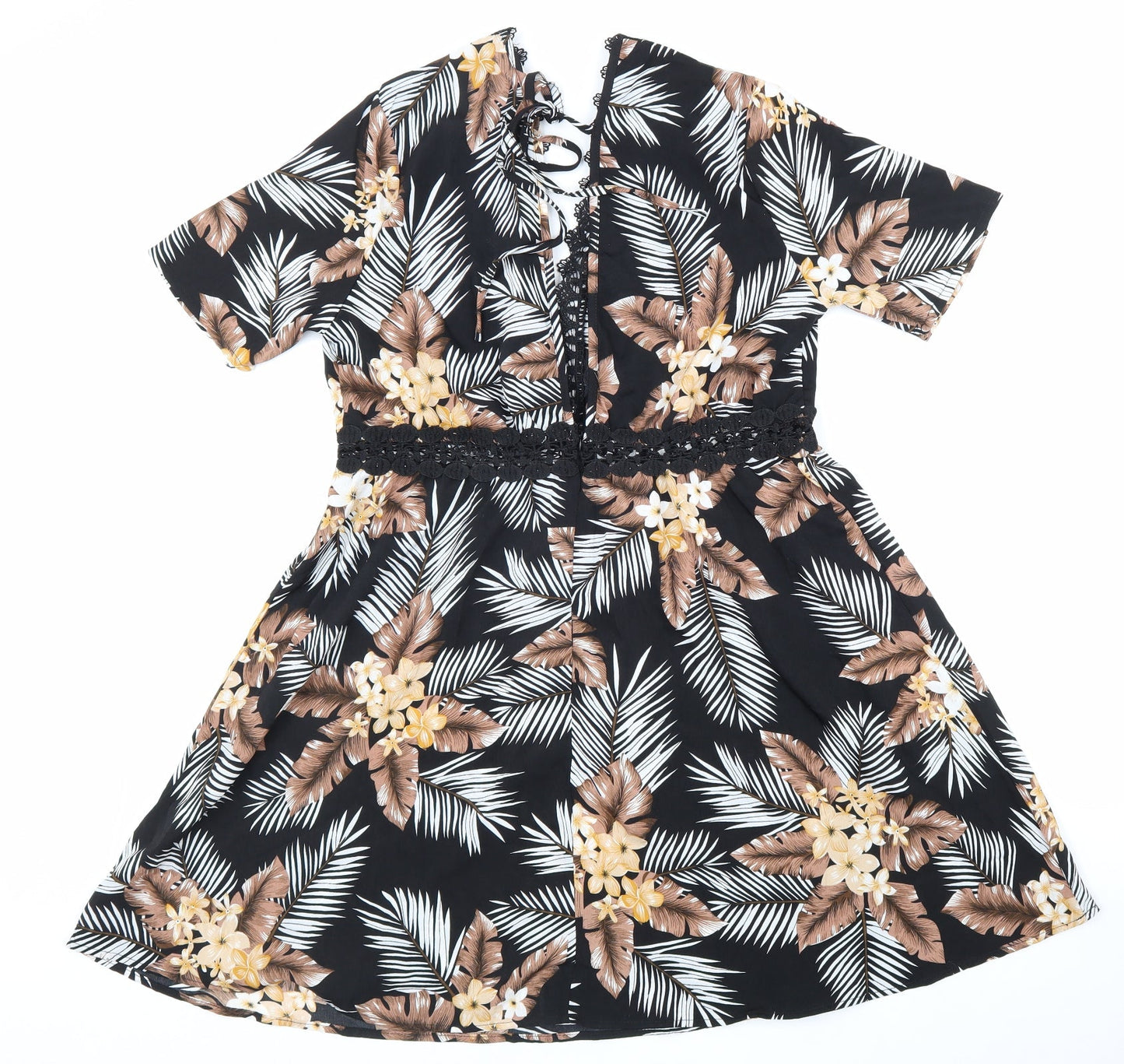 SheIn Womens Black Floral Polyester Fit & Flare Size 8 V-Neck Zip