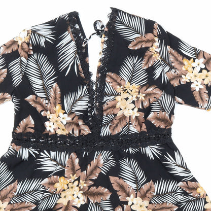 SheIn Womens Black Floral Polyester Fit & Flare Size 8 V-Neck Zip