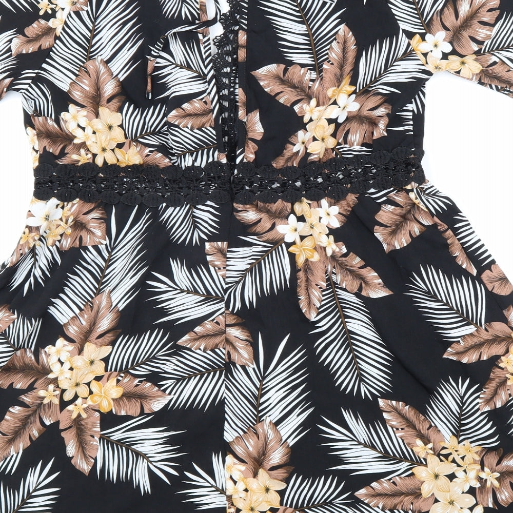 SheIn Womens Black Floral Polyester Fit & Flare Size 8 V-Neck Zip