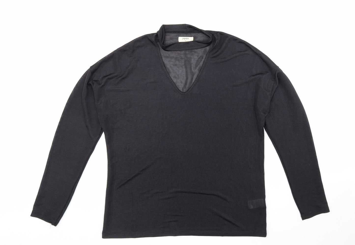 Papaya Womens Black Polyester Basic T-Shirt Size 12 V-Neck