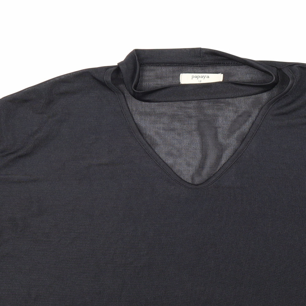Papaya Womens Black Polyester Basic T-Shirt Size 12 V-Neck