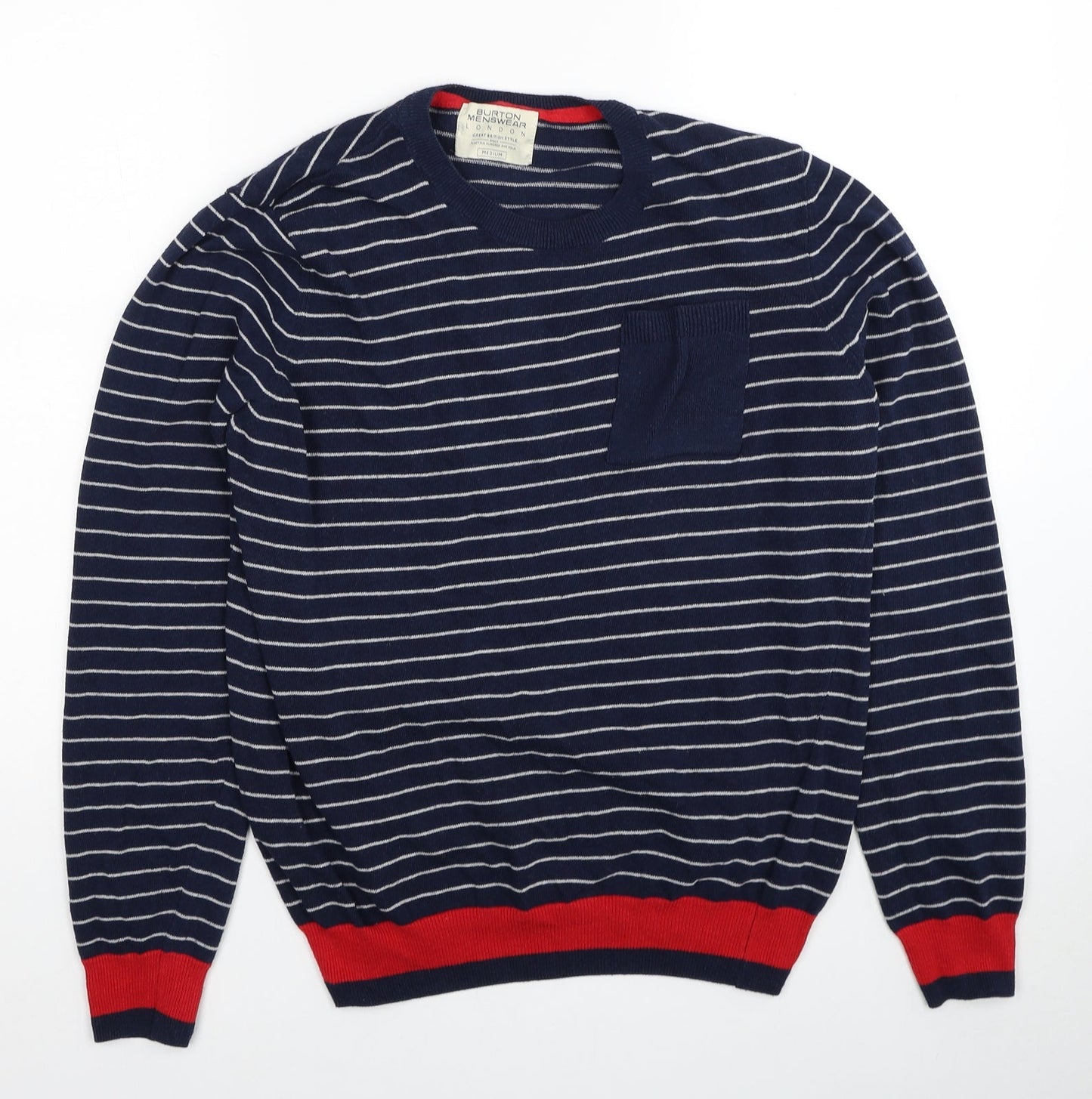 Burton Mens Blue Round Neck Striped Polyester Pullover Jumper Size M Long Sleeve