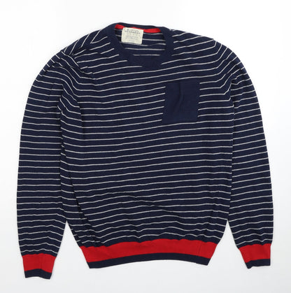 Burton Mens Blue Round Neck Striped Polyester Pullover Jumper Size M Long Sleeve