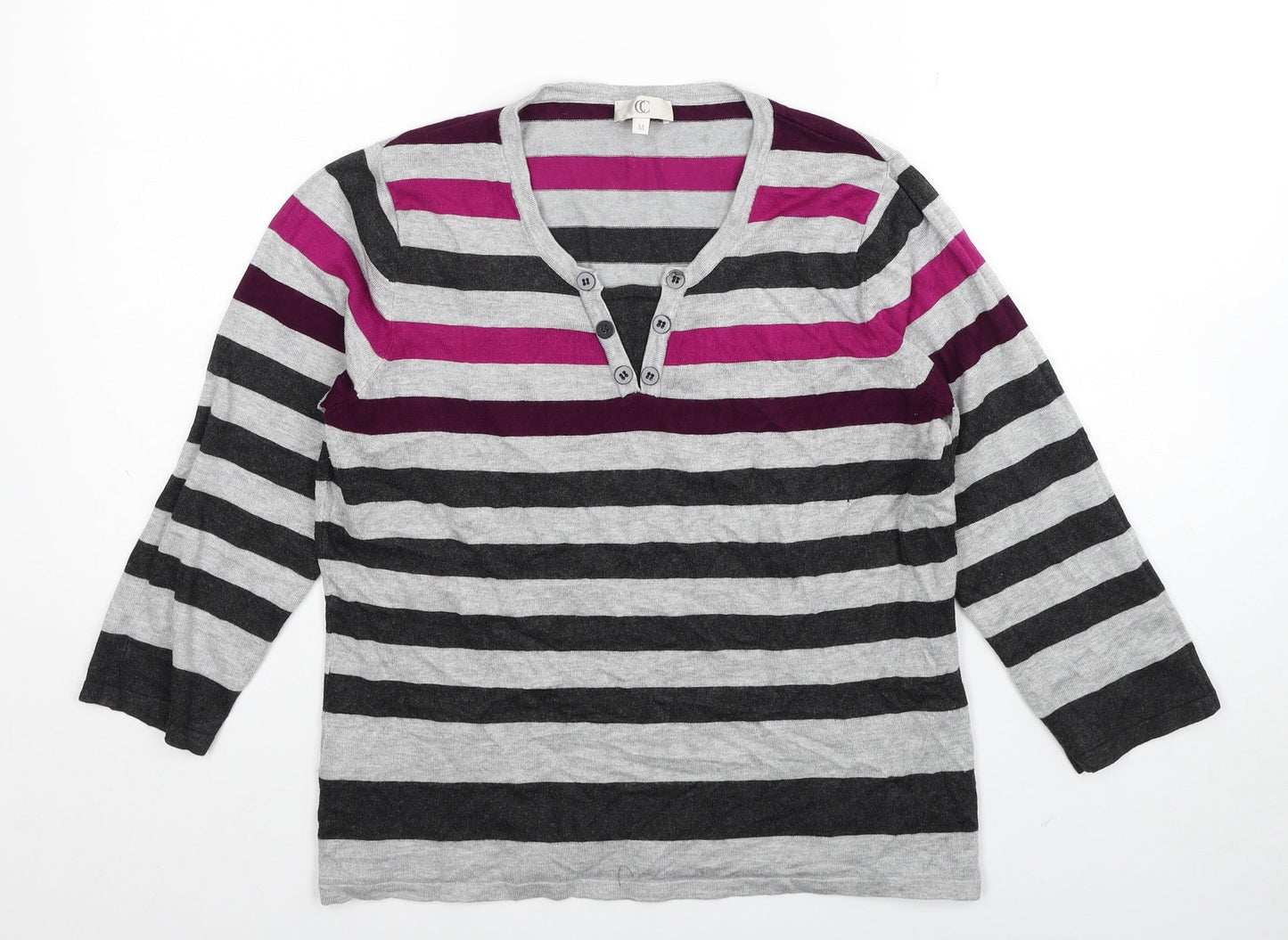 Country Casuals Womens Grey V-Neck Striped Viscose Pullover Jumper Size M