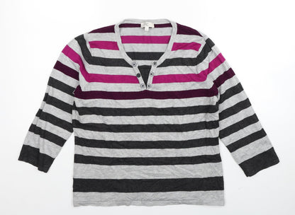 Country Casuals Womens Grey V-Neck Striped Viscose Pullover Jumper Size M