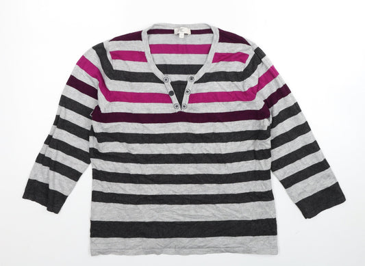 Country Casuals Womens Grey V-Neck Striped Viscose Pullover Jumper Size M