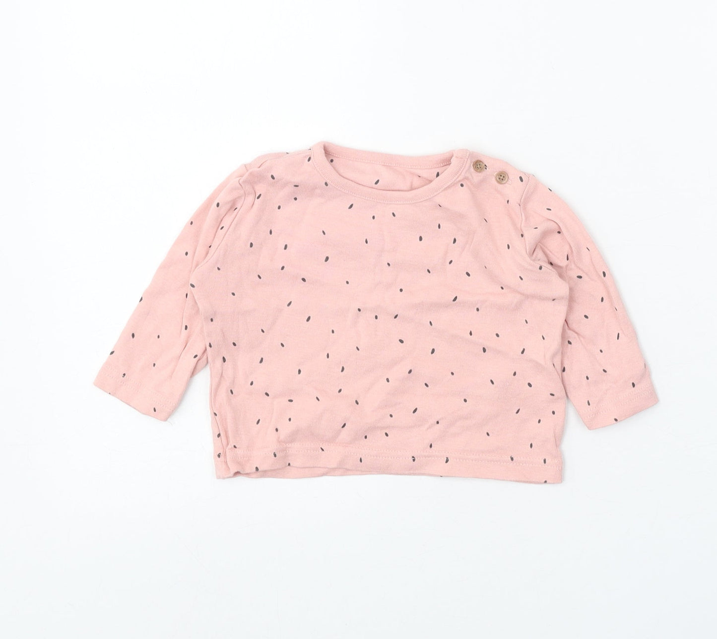 Marks and Spencer Girls Pink Geometric 100% Cotton Basic T-Shirt Size 3-6 Months Round Neck Button