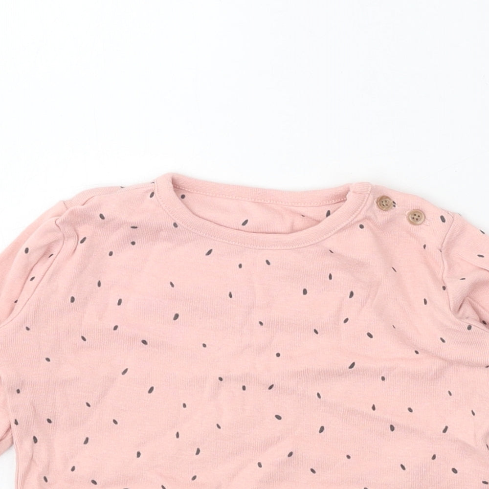 Marks and Spencer Girls Pink Geometric 100% Cotton Basic T-Shirt Size 3-6 Months Round Neck Button