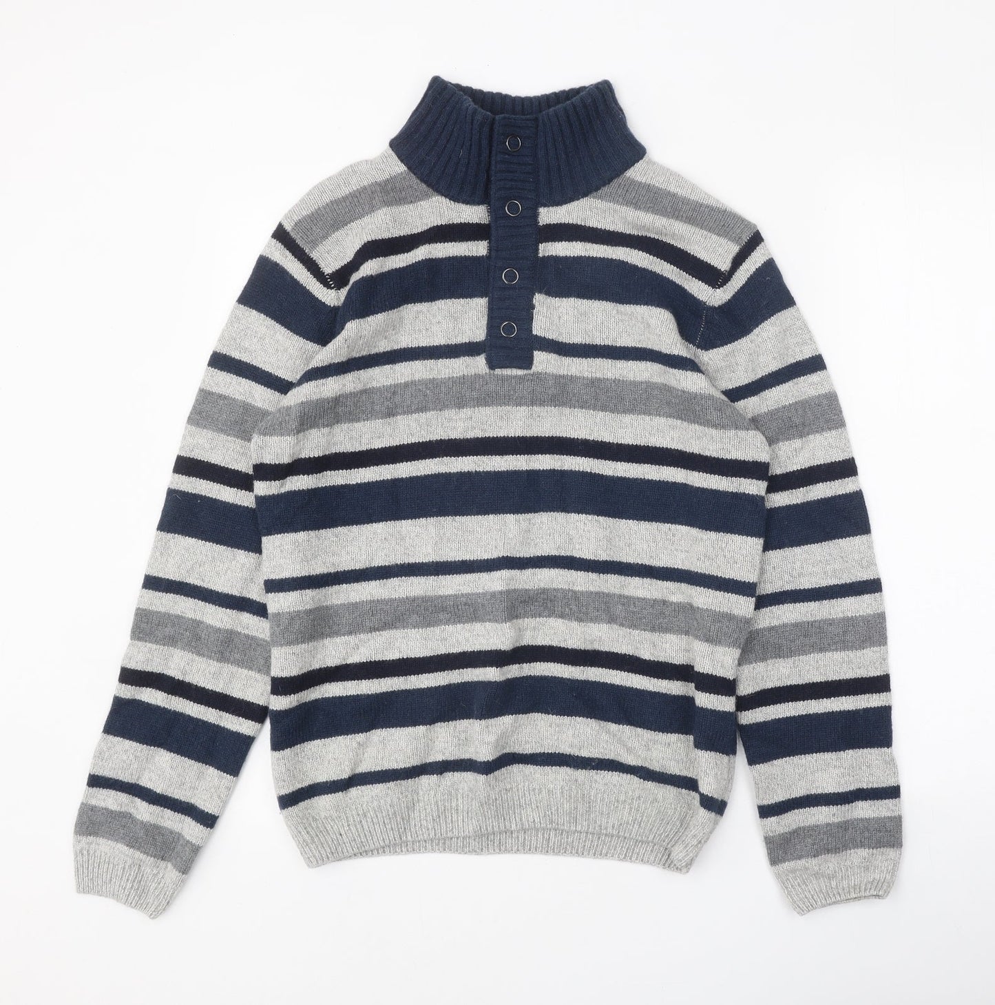 Armand Thiery Mens Blue High Neck Striped Viscose Henley Jumper Size M Long Sleeve - Snap Closure