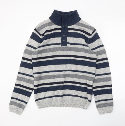 Armand Thiery Mens Blue High Neck Striped Viscose Henley Jumper Size M Long Sleeve - Snap Closure