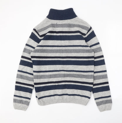 Armand Thiery Mens Blue High Neck Striped Viscose Henley Jumper Size M Long Sleeve - Snap Closure