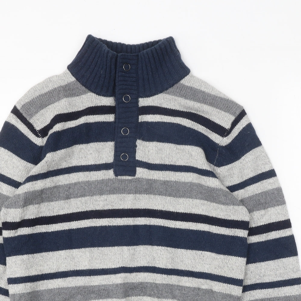 Armand Thiery Mens Blue High Neck Striped Viscose Henley Jumper Size M Long Sleeve - Snap Closure