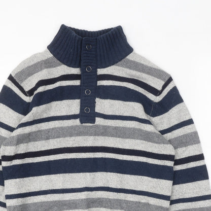 Armand Thiery Mens Blue High Neck Striped Viscose Henley Jumper Size M Long Sleeve - Snap Closure