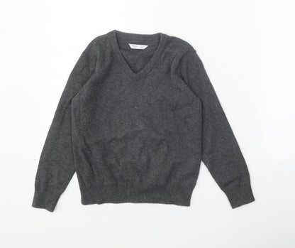 Marks and Spencer Girls Grey V-Neck Cotton Pullover Jumper Size 5-6 Years Pullover