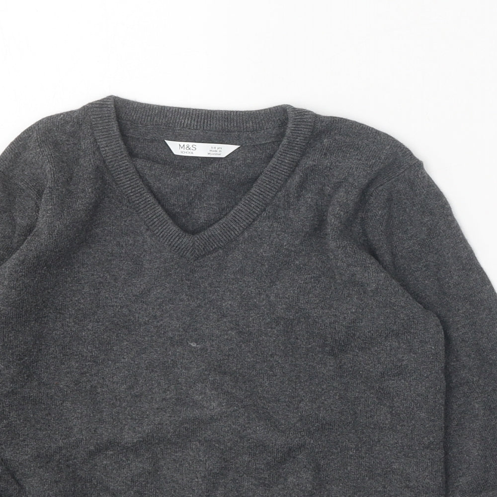 Marks and Spencer Girls Grey V-Neck Cotton Pullover Jumper Size 5-6 Years Pullover