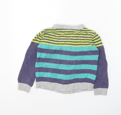 Mini Club Boys Blue V-Neck Striped 100% Cotton Cardigan Jumper Size 2-3 Years Button
