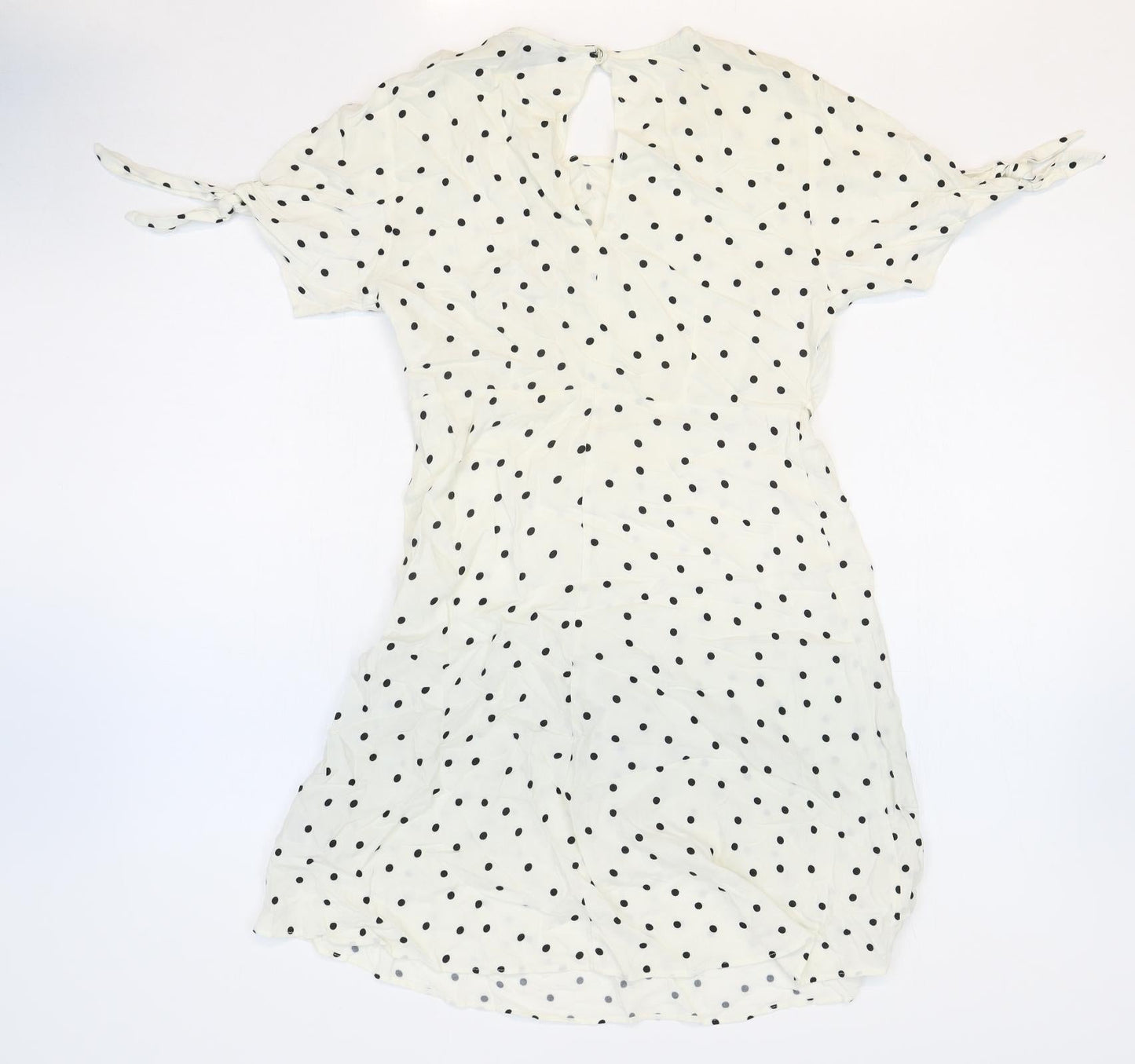 Primark Womens White Polka Dot Viscose A-Line Size 6 Round Neck Button - Tie Sleeve Detail