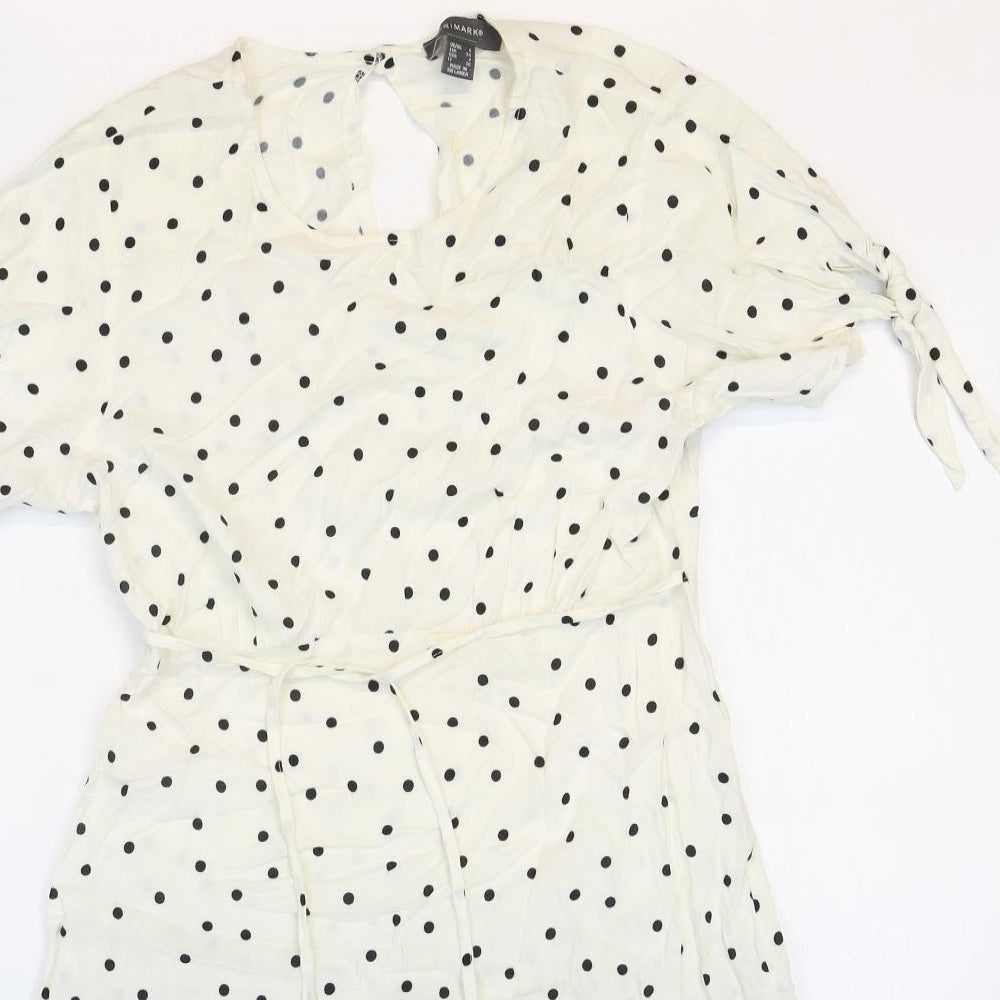 Primark Womens White Polka Dot Viscose A-Line Size 6 Round Neck Button - Tie Sleeve Detail