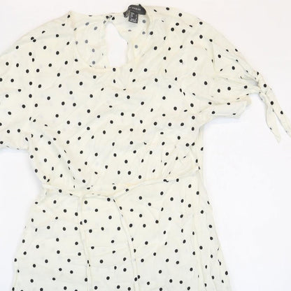 Primark Womens White Polka Dot Viscose A-Line Size 6 Round Neck Button - Tie Sleeve Detail