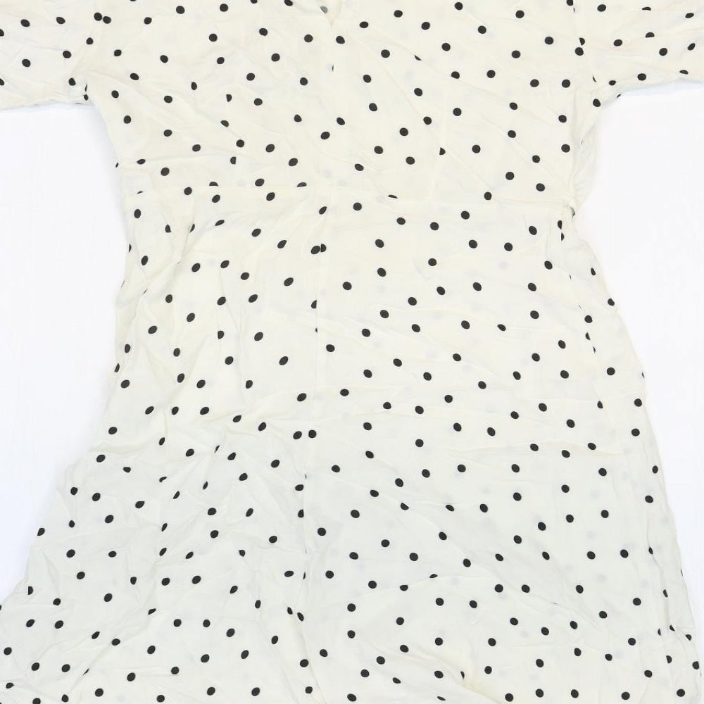 Primark Womens White Polka Dot Viscose A-Line Size 6 Round Neck Button - Tie Sleeve Detail