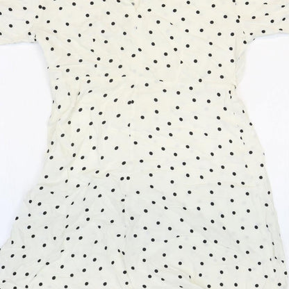 Primark Womens White Polka Dot Viscose A-Line Size 6 Round Neck Button - Tie Sleeve Detail