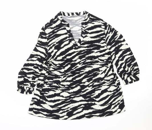 George Womens Black Animal Print Viscose Basic Blouse Size 10 V-Neck - Zebra Print