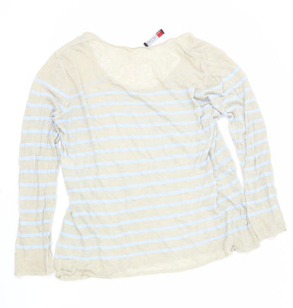 Marc Cain Womens Beige Scoop Neck Striped Linen Pullover Jumper Size 6