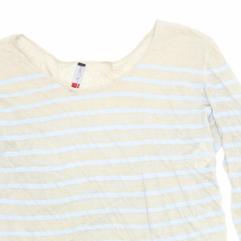 Marc Cain Womens Beige Scoop Neck Striped Linen Pullover Jumper Size 6