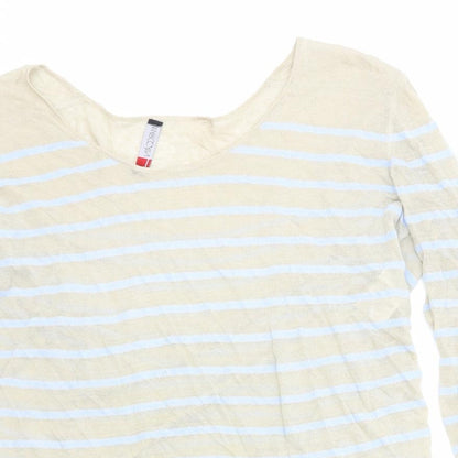 Marc Cain Womens Beige Scoop Neck Striped Linen Pullover Jumper Size 6