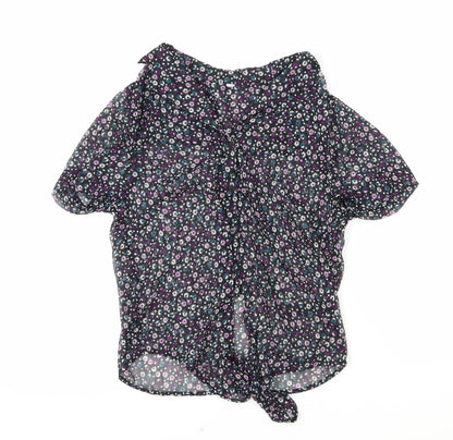 Debenhams Womens Black Floral Polyester Basic Button-Up Size 12 Collared - Knot Front