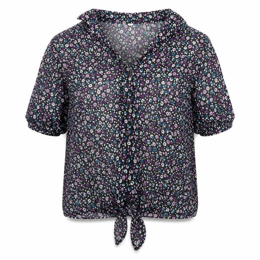Debenhams Womens Black Floral Polyester Basic Button-Up Size 12 Collared - Knot Front
